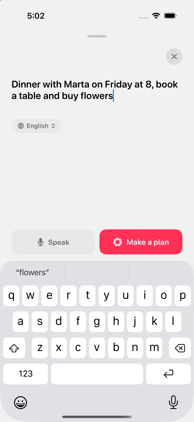 A sentence typed into ThisDay, with Speak and Make a plan under it