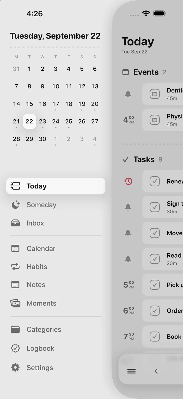 The side menu with a month and every place in the app