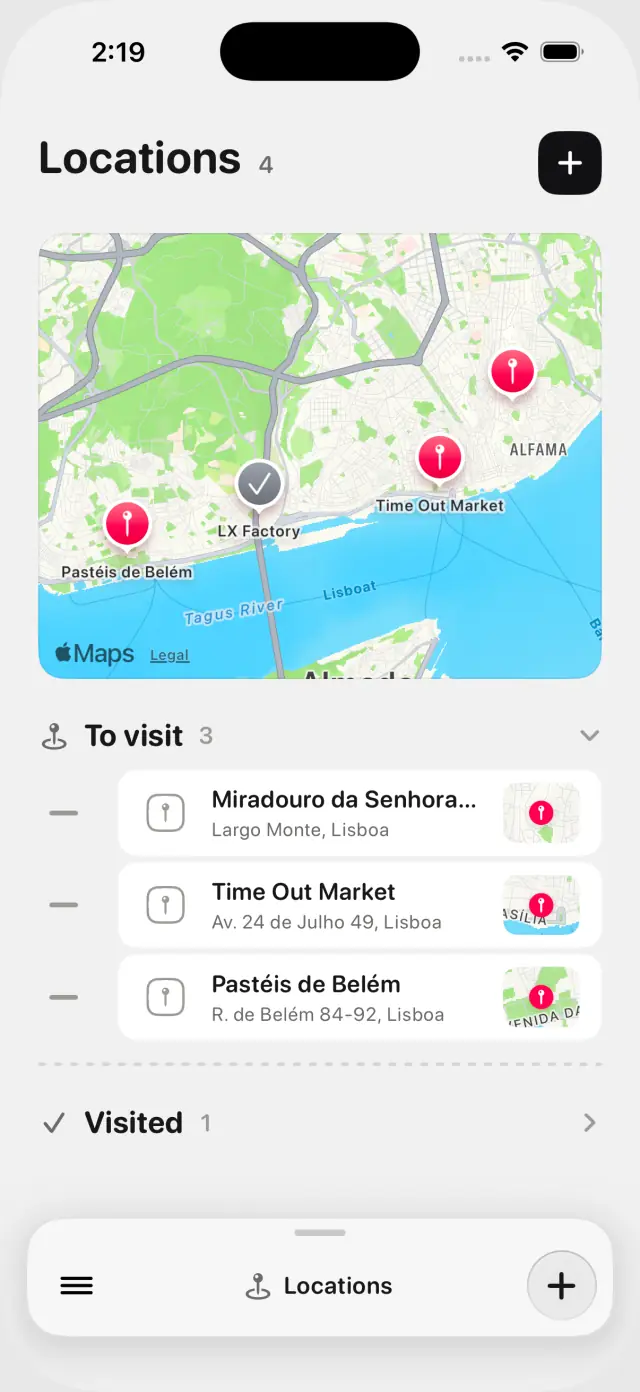 The Locations screen: a map of Lisbon with three red pins still to visit and a grey one already visited, and the places listed under it