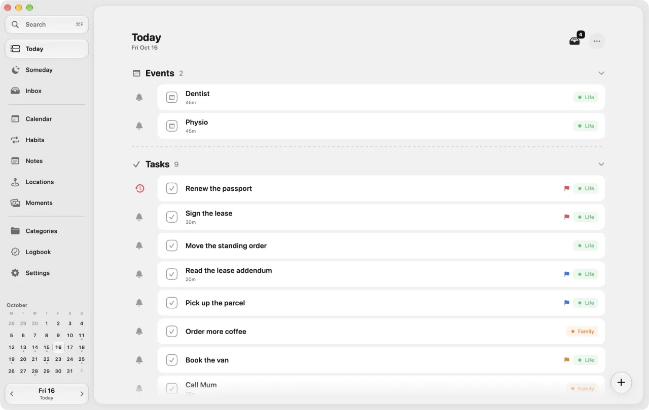 Today on the Mac, with the sidebar and the month on the left and the day's events and tasks on the right