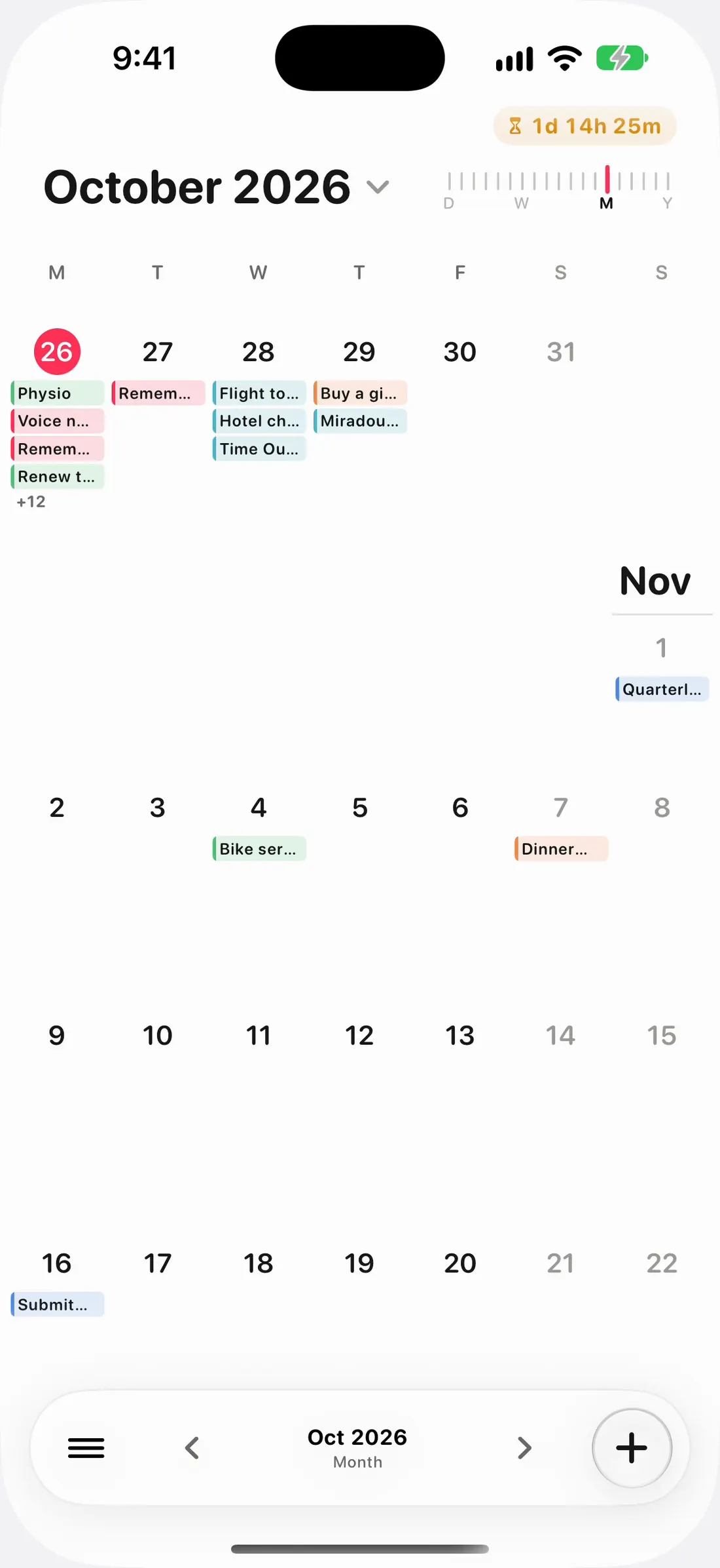 The month: Every day of the month and what fills it, at a glance.
