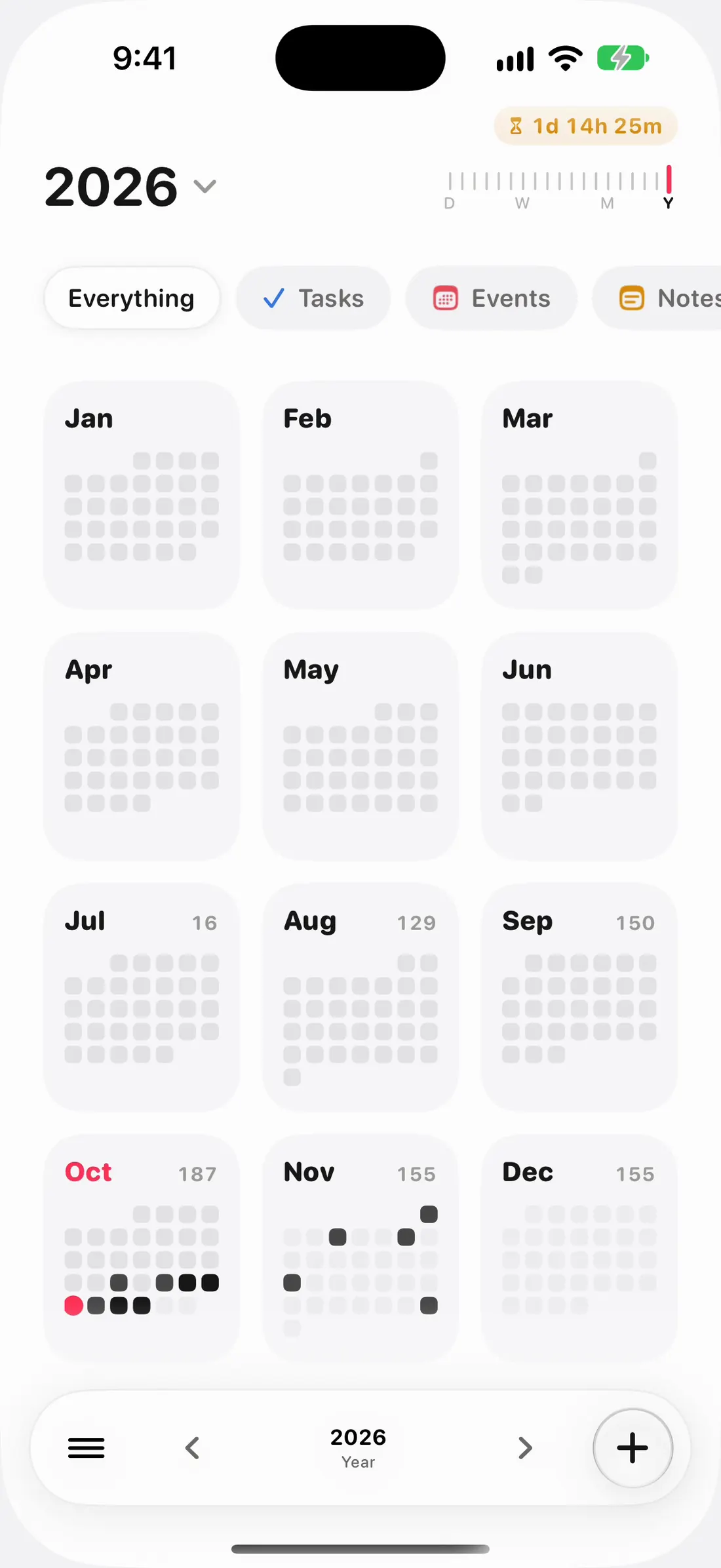 The year: Twelve months, a dot for each busy day. Tap any day to go back into it.