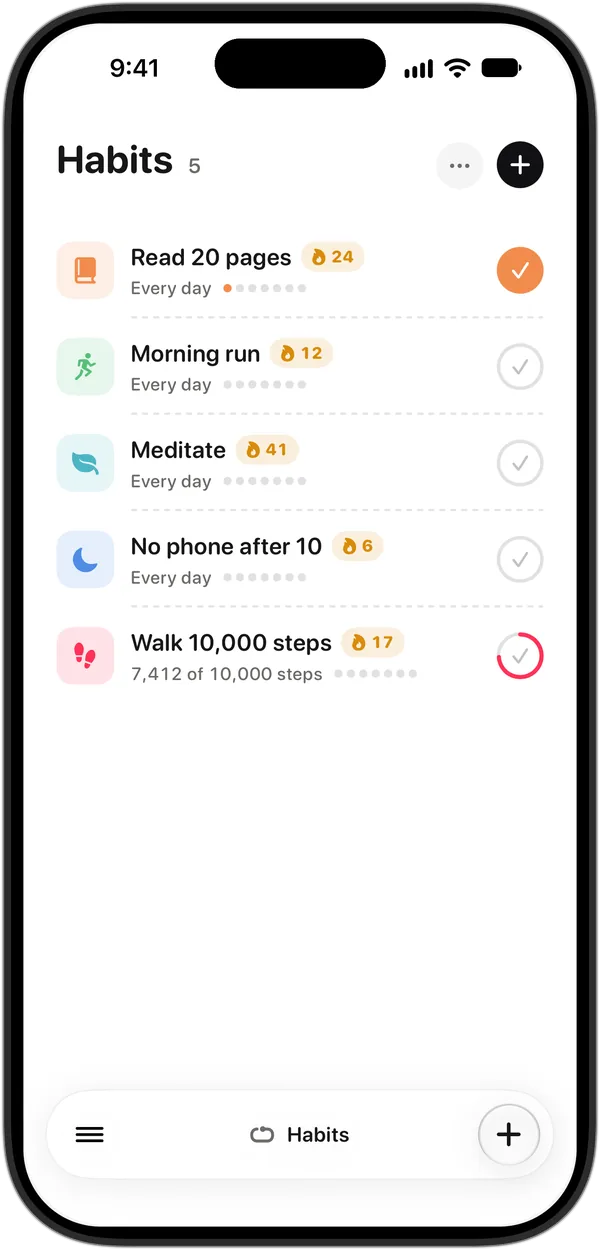 The Habits list on iPhone, every habit with its streak.
