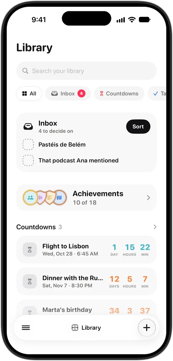 The Library on iPhone: the Inbox, your medals and your countdowns.