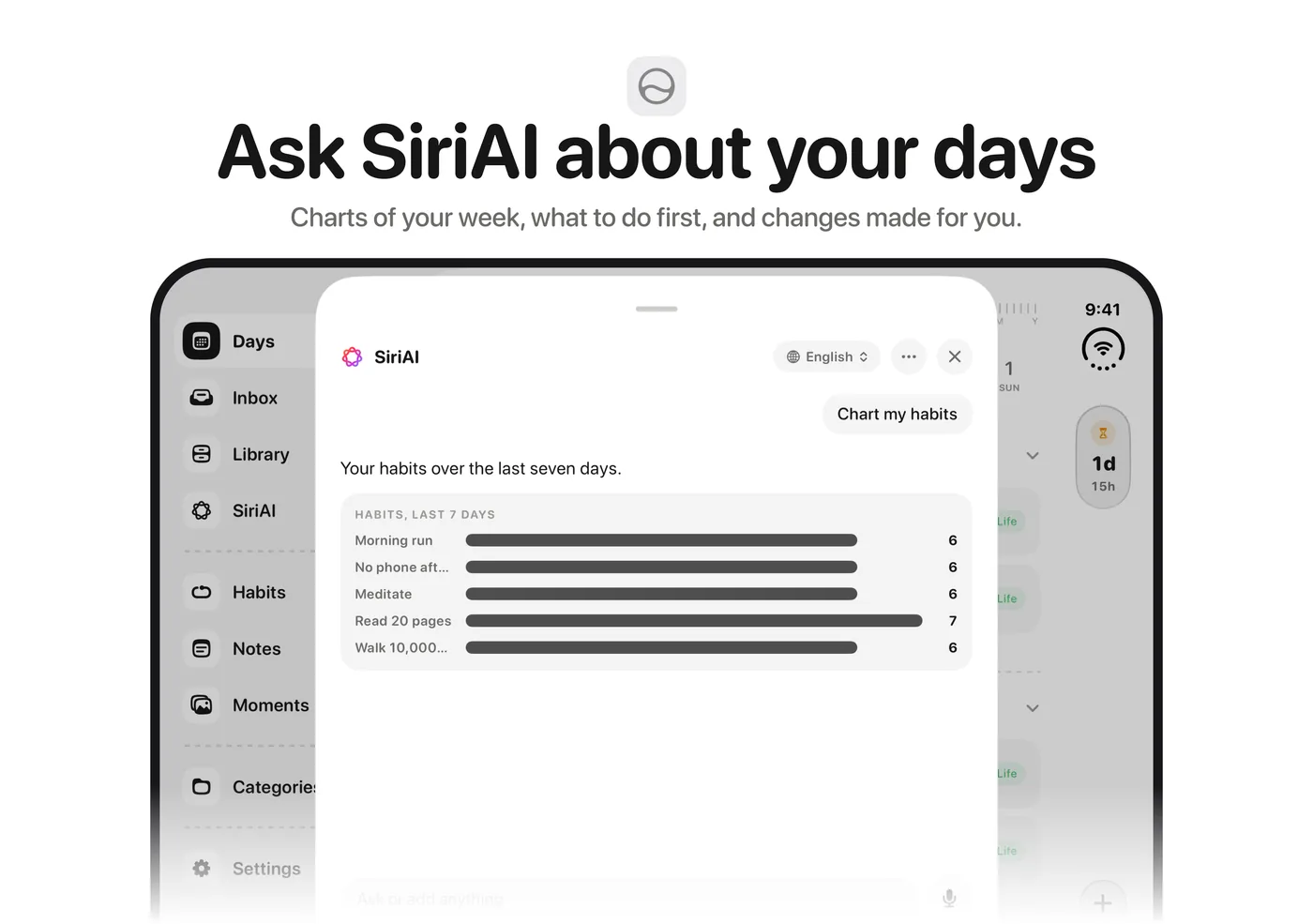 Ask SiriAI about your days: a chart of your habits, on iPhone Duo.