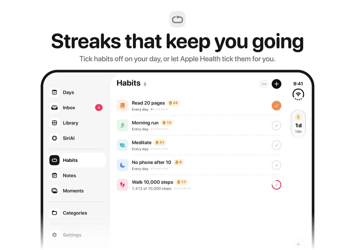 Streaks that keep you going, on iPhone Duo.