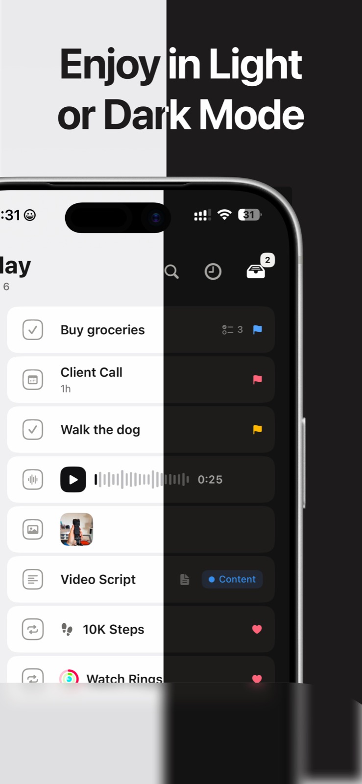 The same day in light and dark mode, split down the middle.