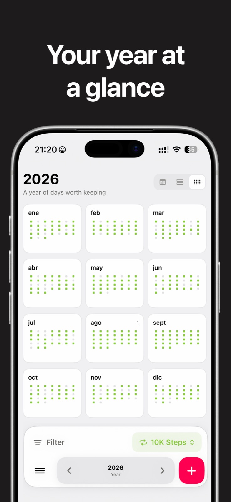 A whole year at a glance, every day lit by whether a habit was kept.