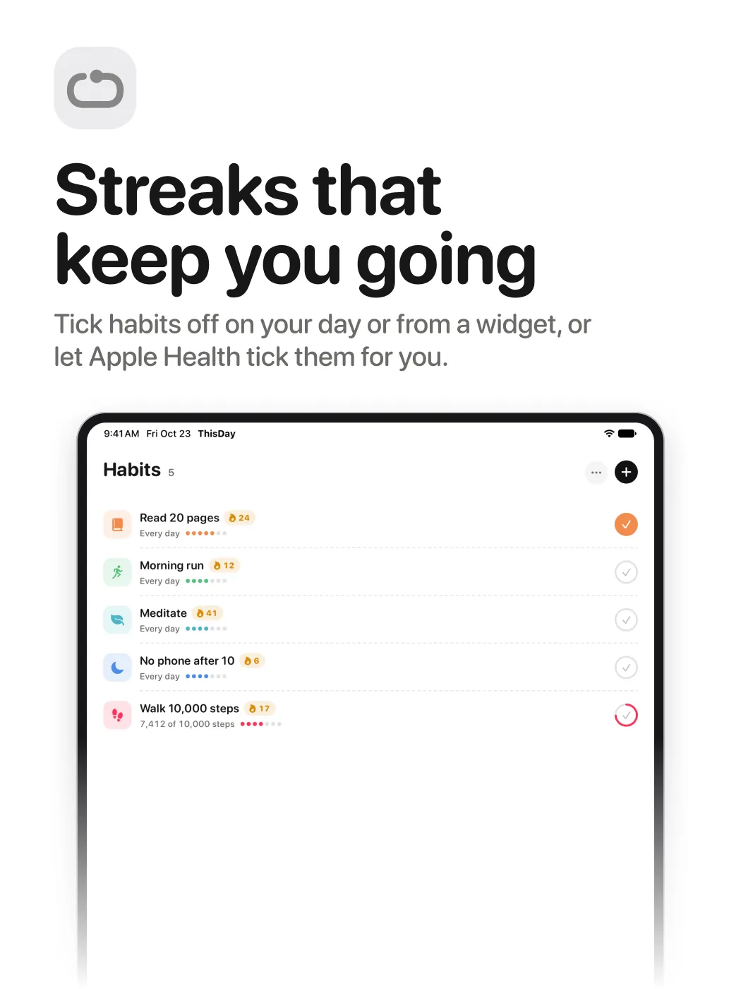 Streaks that keep you going, on iPad.
