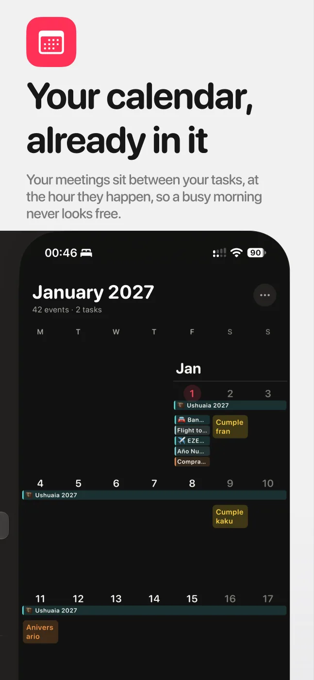 Your calendar, already in it: meetings sit between your tasks at the hour they happen.