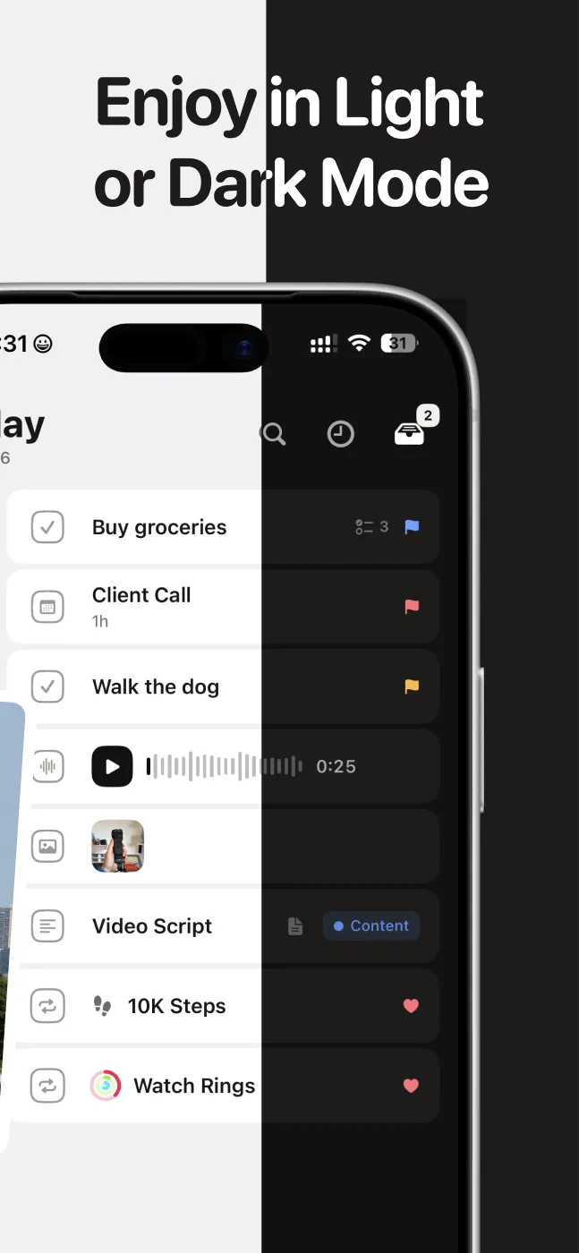 Enjoy in light or dark mode: the same day, split down the middle.