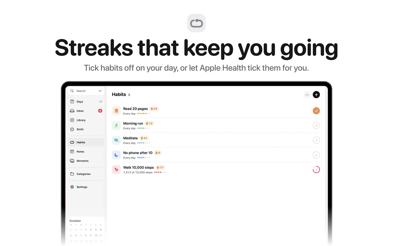 Streaks that keep you going, on the Mac.