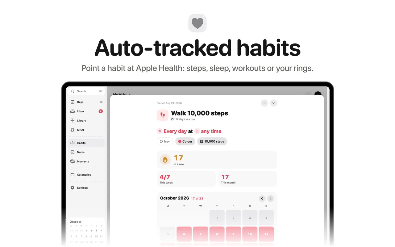 Auto-tracked habits: Walk 10,000 steps, ticked by Apple Health.