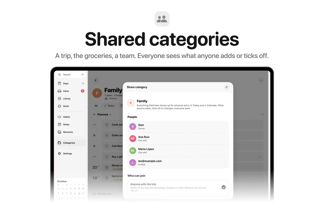 Shared categories: a family category shared with three people.
