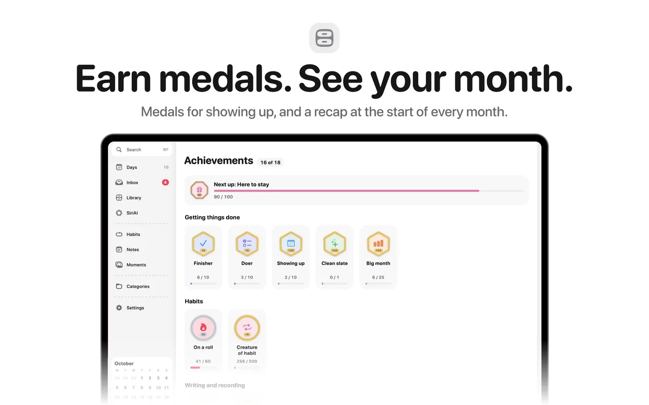 Earn medals and see your month, on the Mac.