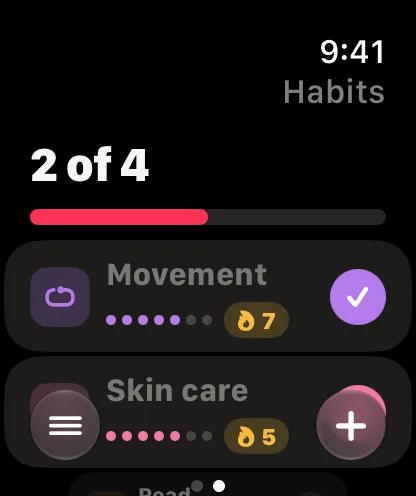 Habits on Apple Watch: 2 of 4 done, with their streaks.