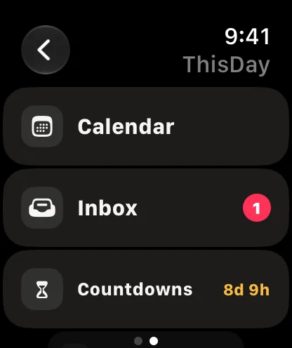 The ThisDay menu on Apple Watch: Calendar, Inbox and Countdowns.