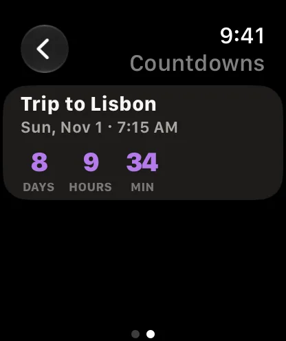 A countdown on Apple Watch: 8 days, 9 hours and 34 minutes to a trip to Lisbon.