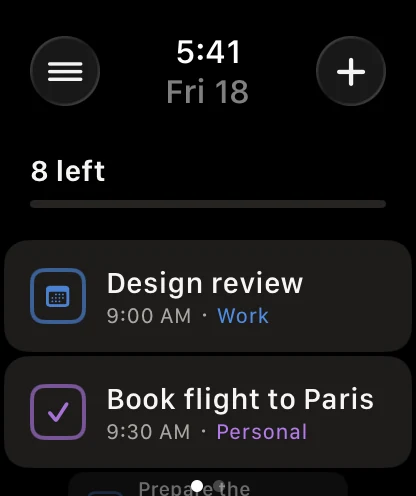 ThisDay on Apple Watch: Today, 8 left, with Design review at 9:00 AM and Book flight to Paris at 9:30 AM.